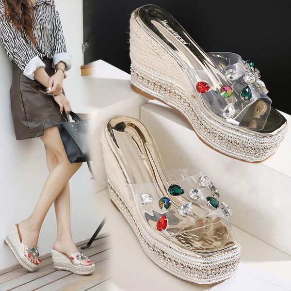 summer sandals women new fashion rhinestone wedges heel sandals shoes, Black