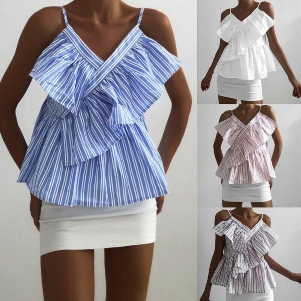 womens v neck sling striped shirt sleeveless summer ruffled frill camis clothing1, White
womens v neck sling striped shirt sleeveless summer ruffled frill camis clothing1, White