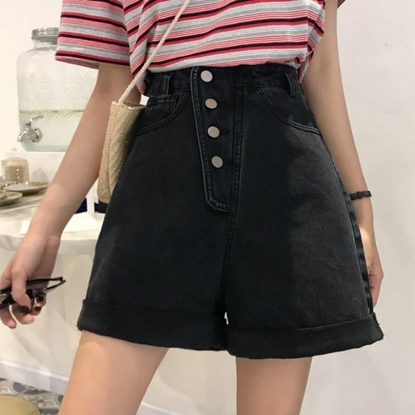 women's shorts summer high waist female student wide leg curling short pants korean style solid color single-breasted women denim, White;black
women's shorts summer high waist female student wide leg curling short pants korean style solid color single-breasted women denim, White;black