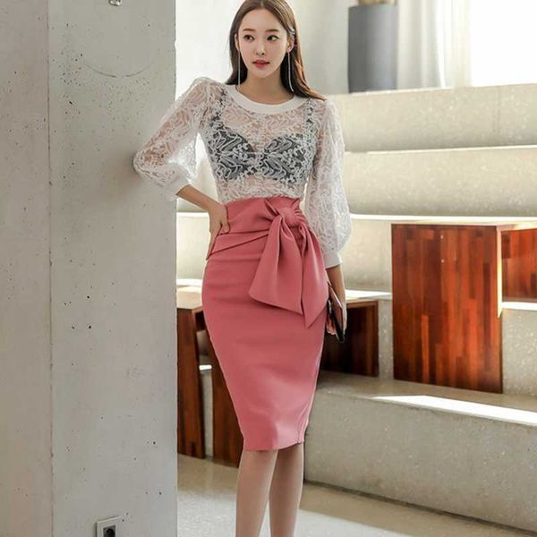 office wear 2 pieces set o-neck puff sleeve perspective blouses & lace up slim pencil skirt suits female elegant women 210529, White
office wear 2 pieces set o-neck puff sleeve perspective blouses & lace up slim pencil skirt suits female elegant women 210529, White