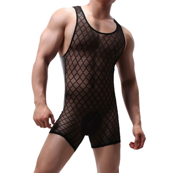 men jumpsuits mesh pu leather patchwork see through one-piece undershirts wrestling singlet bodystocking bodysuit underwear, White;black
men jumpsuits mesh pu leather patchwork see through one-piece undershirts wrestling singlet bodystocking bodysuit underwear, White;black