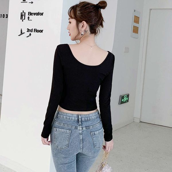 high waist women's exposed long sleeve black bottomed shirt spring and autumn versatile tight u-neck ultra short leaky navel big, White
high waist women's exposed long sleeve black bottomed shirt spring and autumn versatile tight u-neck ultra short leaky navel big, White