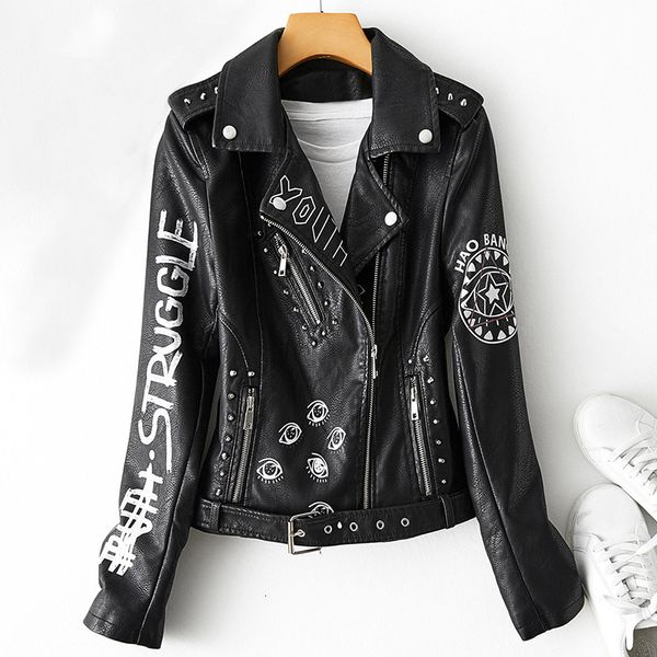 2021 new spring autumn women graffiti print pu faux leather jacket with belt streetwear female moto biker rivet coat outwear otlu, Black
2021 new spring autumn women graffiti print pu faux leather jacket with belt streetwear female moto biker rivet coat outwear otlu, Black
