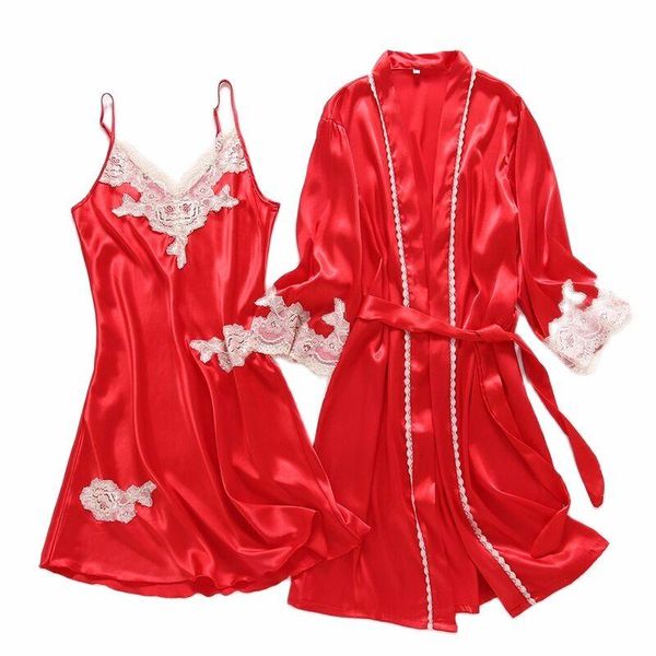 women's sleepwear 2021 summer ice silk 2-piece bathrobe nightdress lace pajamas satin home service, Black;red
women's sleepwear 2021 summer ice silk 2-piece bathrobe nightdress lace pajamas satin home service, Black;red