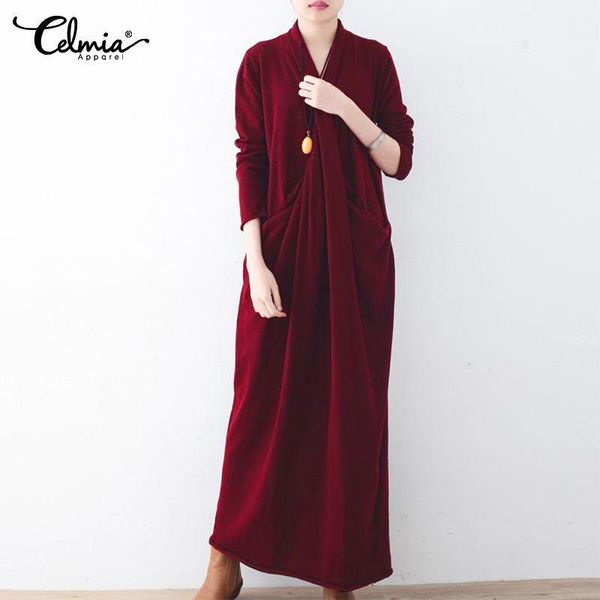 celmia 2021 autumn long dress women v neck sleeve pleated maxi dresses casual solid loose party vestido robe plus size, Black;gray
celmia 2021 autumn long dress women v neck sleeve pleated maxi dresses casual solid loose party vestido robe plus size, Black;gray