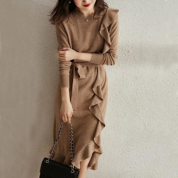 casual dresses 2021 autumn medium length round neck knitted dress ruffled lace elegant temperament slim women sweater with belt, Black;gray
casual dresses 2021 autumn medium length round neck knitted dress ruffled lace elegant temperament slim women sweater with belt, Black;gray