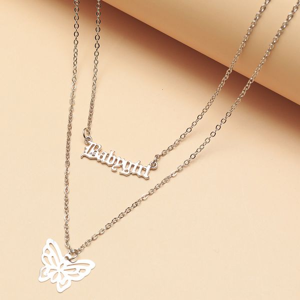 nz1604 personality butterfly temperament versatile babygirl letter double pendant necklace, Silver
nz1604 personality butterfly temperament versatile babygirl letter double pendant necklace, Silver