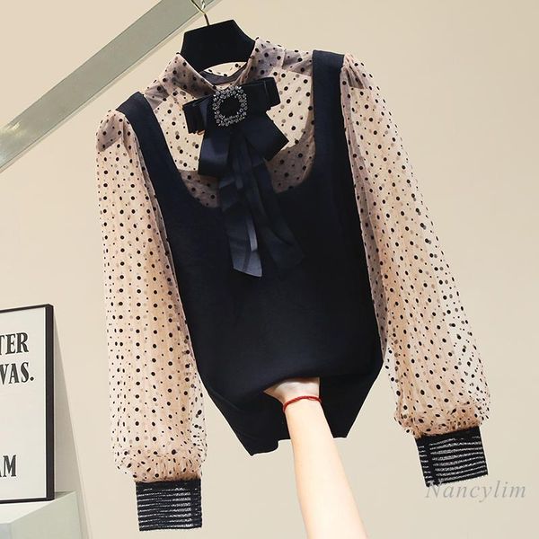 personalized polka dot chiffon long sleeve patchwork knit shirt women 2021 spring new lady chic bow stand collar, White
personalized polka dot chiffon long sleeve patchwork knit shirt women 2021 spring new lady chic bow stand collar, White