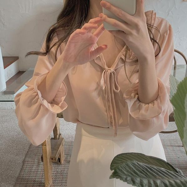 women's blouses & shirts spring retro oversize flare long sleeve chiffon v neck ruffled blusas mujer temperament fashion gen, White
women's blouses & shirts spring retro oversize flare long sleeve chiffon v neck ruffled blusas mujer temperament fashion gen, White