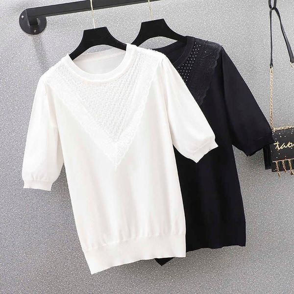 big size short sleeve t-shirt women's summer loose casual diamond kint oversized sweater fashion lace summer pullover 210604, White;black
big size short sleeve t-shirt women's summer loose casual diamond kint oversized sweater fashion lace summer pullover 210604, White;black