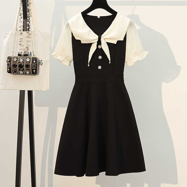 plus size office ladies short sleeve dresses women o neck high waist elegant vintage patchwork a-line dresses women vestidos 210604, Black;gray 
plus size office ladies short sleeve dresses women o neck high waist elegant vintage patchwork a-line dresses women vestidos 210604, Black;gray