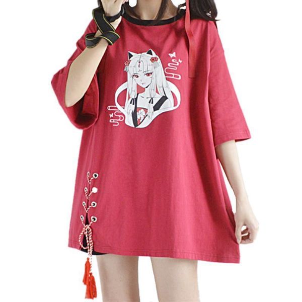 women harajuku streetwear cartoon fox demon devil print tshirt tassel lace up side short sleeves long t-shirt kawaii tee shirt, White
women harajuku streetwear cartoon fox demon devil print tshirt tassel lace up side short sleeves long t-shirt kawaii tee shirt, White