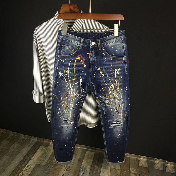 2021 new italian style fashion men jeans elastic cotton slim fit ripped denim hip hop pants painted designer punk trousers jvqd, Blue
2021 new italian style fashion men jeans elastic cotton slim fit ripped denim hip hop pants painted designer punk trousers jvqd, Blue