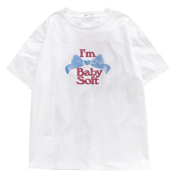 women's t-shirt summer cute color contrast letter print o-neck loose bow, White
women's t-shirt summer cute color contrast letter print o-neck loose bow, White