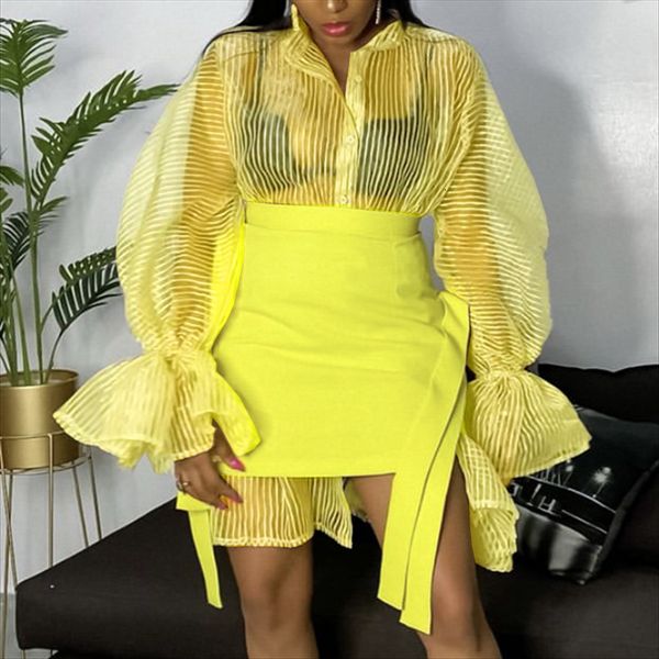 2021 new women yellow 2 piece sets transparent long shirt mini skirt lantern sleeve button up african fashion female suit p95p, Black;gray
2021 new women yellow 2 piece sets transparent long shirt mini skirt lantern sleeve button up african fashion female suit p95p, Black;gray