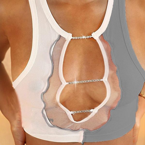 women's tanks & camis mesh hollow out sleeveless crop tees autumn winter women ribbed knitted patchwork tank streetwear skinny, White