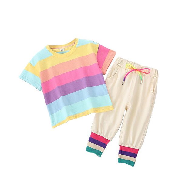 little girl rainbow stripe set, short sleeve o neck and long pants with drawstring 2-piece suits, White
little girl rainbow stripe set, short sleeve o neck and long pants with drawstring 2-piece suits, White