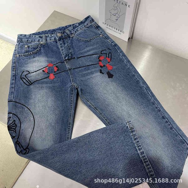 women's jeans ch wash water pasted leather embroidered cross small straight jeans high street middle low waist loose wide trouser legs, Blue
women's jeans ch wash water pasted leather embroidered cross small straight jeans high street middle low waist loose wide trouser legs, Blue