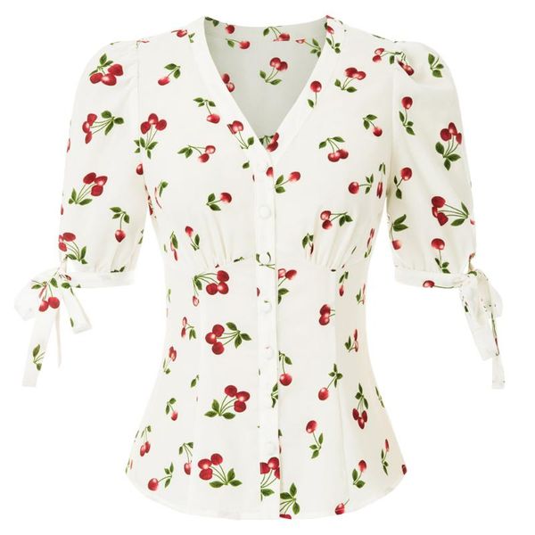 women's cherries pattern shirt short puff sleeves v-neck button placket slim fashion print blouse summer ladies clothes, White
women's cherries pattern shirt short puff sleeves v-neck button placket slim fashion print blouse summer ladies clothes, White