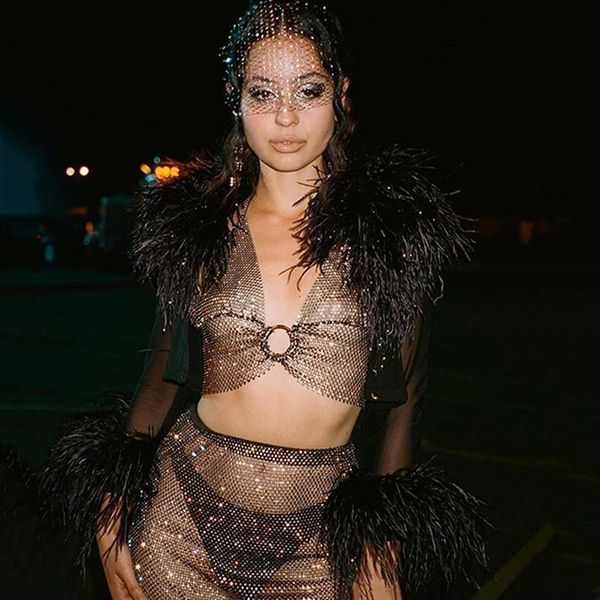 black brilliant rhinestone two piece set low cut backless crop elastic waist diamonds skirts night club outfits 2021, Gray
black brilliant rhinestone two piece set low cut backless crop elastic waist diamonds skirts night club outfits 2021, Gray