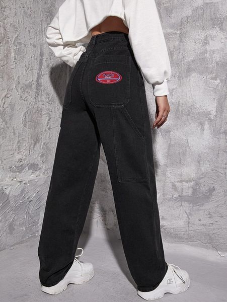high waisted letter embroidered wide leg jeans 32uz#, Blue 
high waisted letter embroidered wide leg jeans 32uz#, Blue