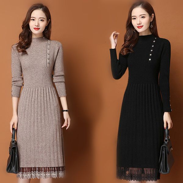 2021 new lace hem buttons women autumn winter sweater knitted a line ribbed slim elastic long sleeve lady bodycon midi es tem1, Black;gray
2021 new lace hem buttons women autumn winter sweater knitted a line ribbed slim elastic long sleeve lady bodycon midi es tem1, Black;gray
