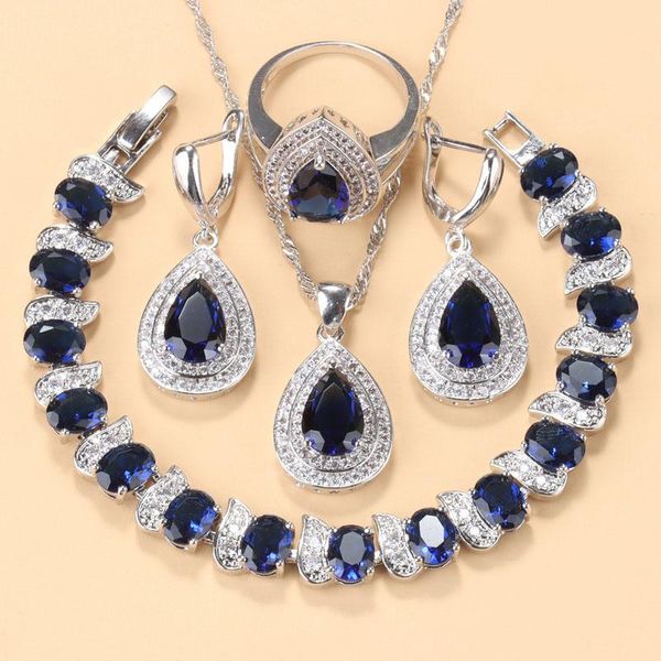 earrings & necklace elegant women bridal costume charm bracelet and wedding ring blue zirconia water drop jewelry sets, Silver
earrings & necklace elegant women bridal costume charm bracelet and wedding ring blue zirconia water drop jewelry sets, Silver