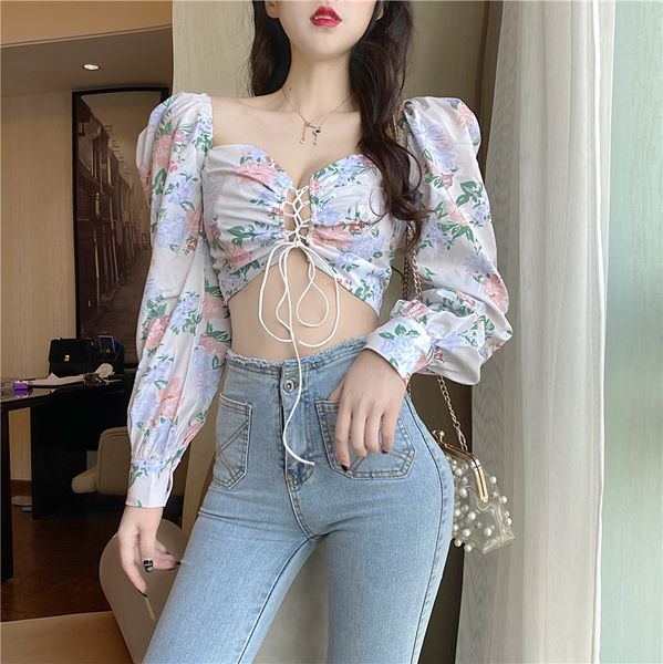 2021 summer bandage blouse women drawstring hollow out floral flower print for female fashion long sleeve shirt 0rzd, Blue
2021 summer bandage blouse women drawstring hollow out floral flower print for female fashion long sleeve shirt 0rzd, Blue