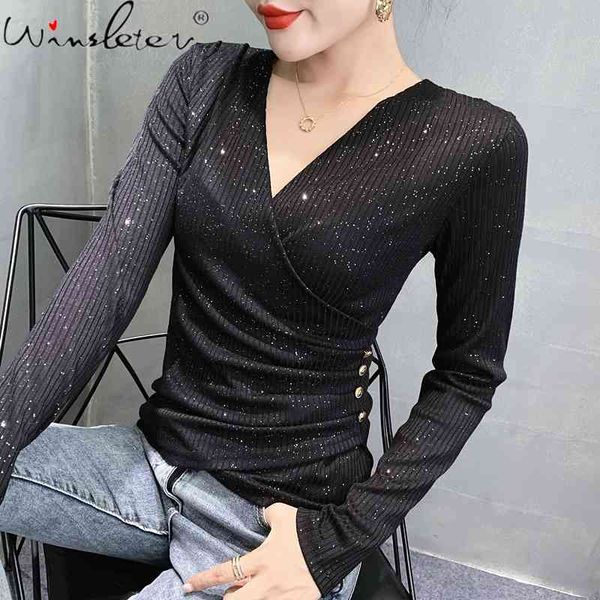 women's t-shirt fall winter european clothes fashion v-neck cross button shiny women ropa mujer long sleeve tees t09307l, White
women's t-shirt fall winter european clothes fashion v-neck cross button shiny women ropa mujer long sleeve tees t09307l, White