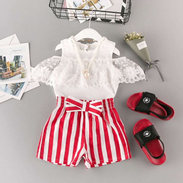 new 2021 summer korean lace off shoulder striped shorts two piece children's suit, White
new 2021 summer korean lace off shoulder striped shorts two piece children's suit, White