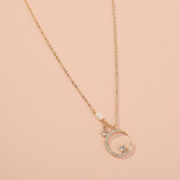 chains fashion simple personality moon stars micro-inlaid zircon wild freshwater rice bead clavicle chain pendant necklace, Silver