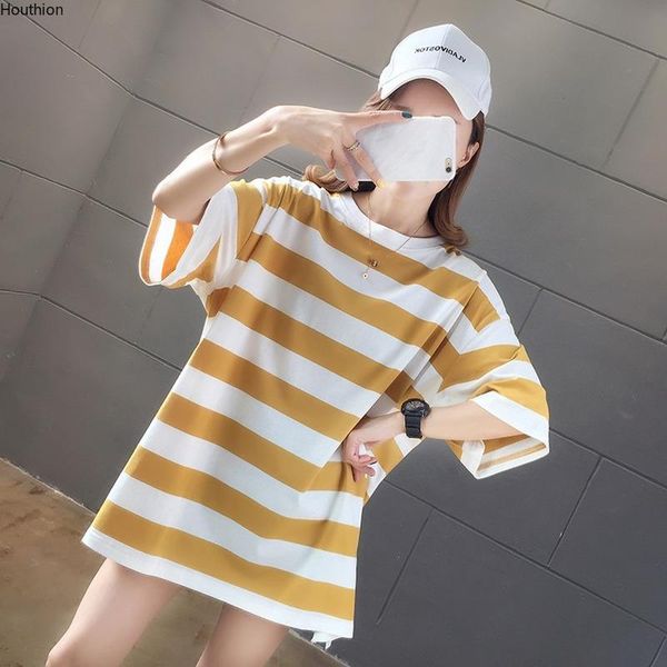 women's t-shirt houthion fashion casual mid-length striped cotton all-match o-neck short summer loose sleeve, White
women's t-shirt houthion fashion casual mid-length striped cotton all-match o-neck short summer loose sleeve, White