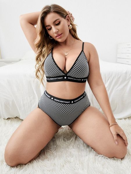 plus letter tape lingerie set z01n#, Black;white