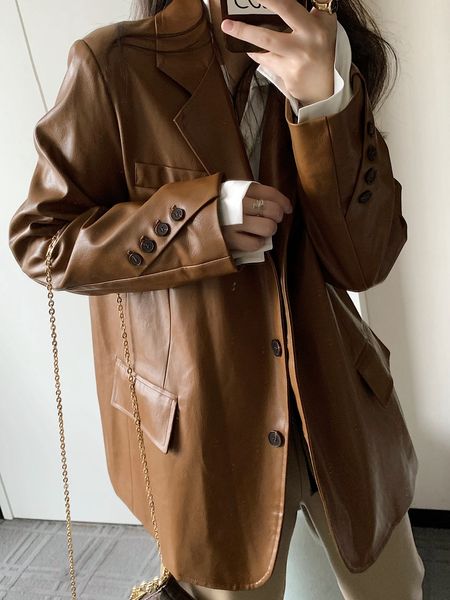 2021 spring autumn female notched collar long-sleeved single breasted loose minimalist pu leather coat 8y744, Black;brown
2021 spring autumn female notched collar long-sleeved single breasted loose minimalist pu leather coat 8y744, Black;brown