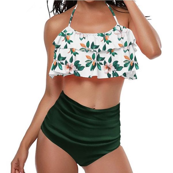 2021 swimsuit new double ruffles large split bikini high waist printed swimsuit, White;black 
2021 swimsuit new double ruffles large split bikini high waist printed swimsuit, White;black