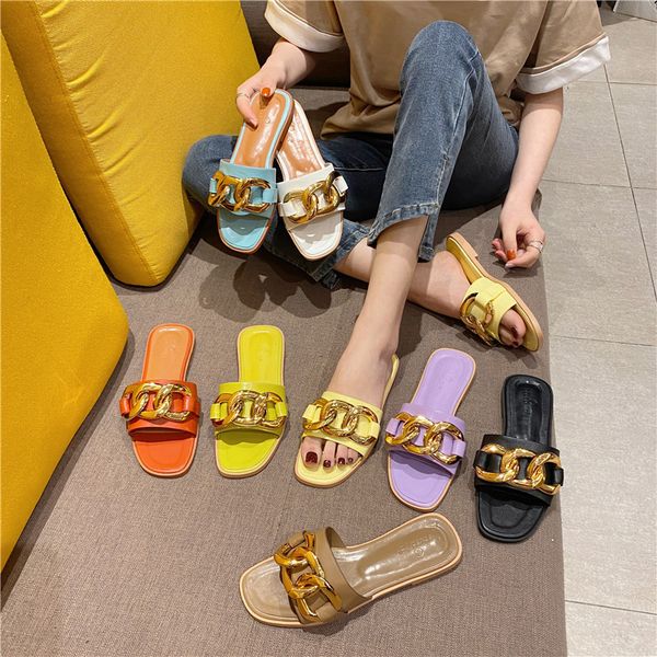 2021 summer women's slippers large flat bottom chain candy color metal button heel beach sandal k4an zmm, Black
2021 summer women's slippers large flat bottom chain candy color metal button heel beach sandal k4an zmm, Black