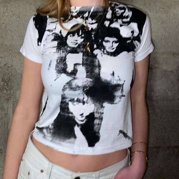 women's t-shirt summer women short portrait print stylish crop sleeve exposed navel tee ladies casual slim base shirt, White
women's t-shirt summer women short portrait print stylish crop sleeve exposed navel tee ladies casual slim base shirt, White