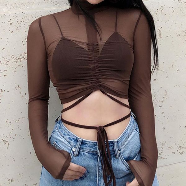 women crop t-shirt half-high collar long sleeve crop net yarn lace-up tshirts women party clothes femme t-shirts, Gray
women crop t-shirt half-high collar long sleeve crop net yarn lace-up tshirts women party clothes femme t-shirts, Gray