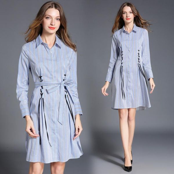 casual dresses autumn wear blue stripe print dress shirt a word belt waist long-sleeved women clothes european fashion, Black;gray
casual dresses autumn wear blue stripe print dress shirt a word belt waist long-sleeved women clothes european fashion, Black;gray