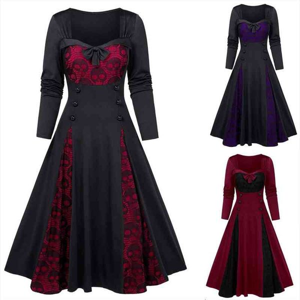 Halloween Gothic Pin Up Midi Dress Women Plus-size Solid Color Skull Lace Splicing Long Sleeve Vintage Party Dress Vestidos, Black;gray
Halloween Gothic Pin Up Midi Dress Women Plus-size Solid Color Skull Lace Splicing Long Sleeve Vintage Party Dress Vestidos, Black;gray