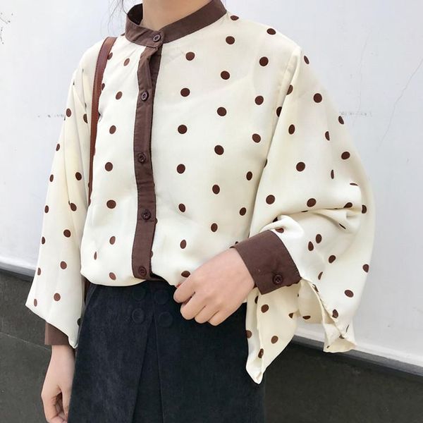 women's blouses & shirts 2021 spring women korean chic character contrast color polka dots blouse stand collar loose lantern sleeve fem, White
women's blouses & shirts 2021 spring women korean chic character contrast color polka dots blouse stand collar loose lantern sleeve fem, White