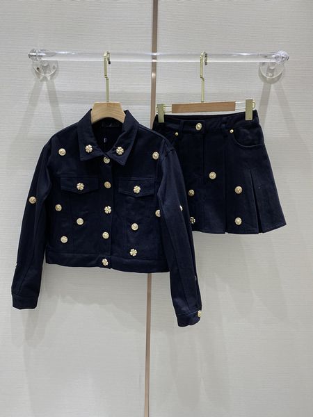 early spring new hardware coin denim jacket small coat with pleated skirt set, White
early spring new hardware coin denim jacket small coat with pleated skirt set, White