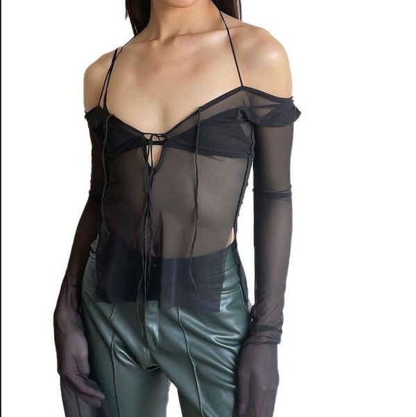 women's t-shirt 2021 summer black lace-up hanging neck split long-sleeved, White
women's t-shirt 2021 summer black lace-up hanging neck split long-sleeved, White