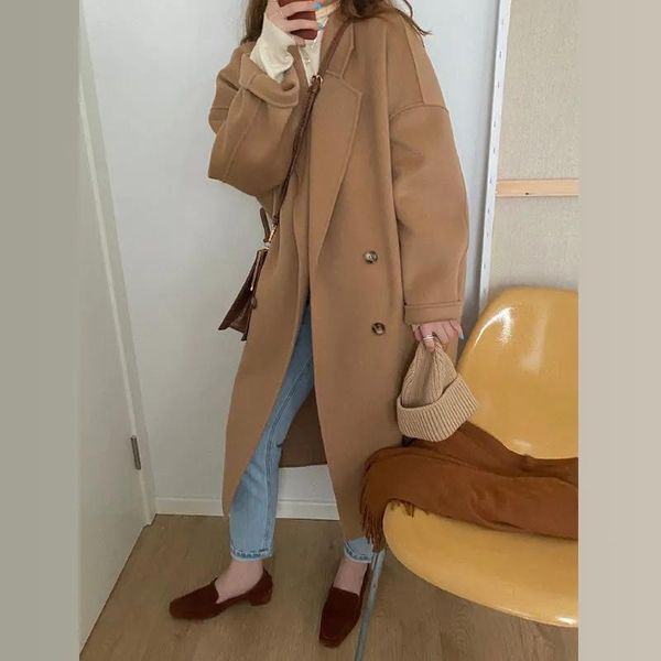women's wool & blends autumn winter long length woolen coat women korean style faux jacket vintage single breasted overcoat elegant sli, Black 
women's wool & blends autumn winter long length woolen coat women korean style faux jacket vintage single breasted overcoat elegant sli, Black