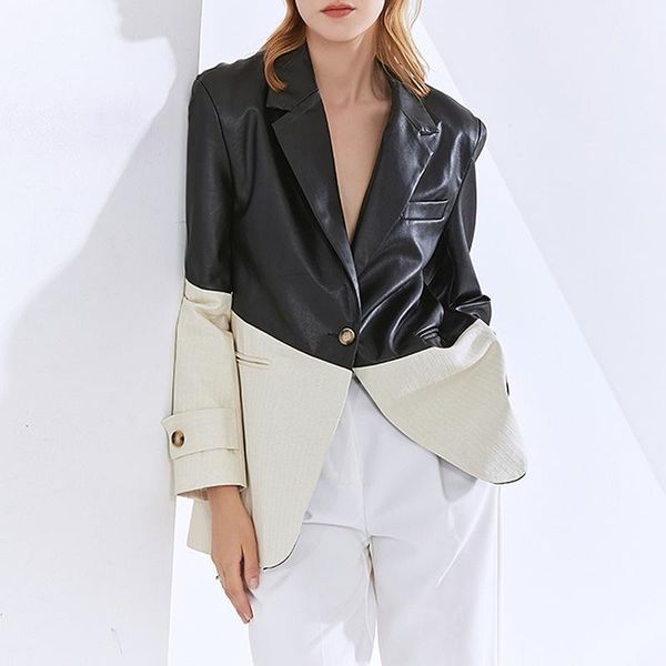 women's suits & blazers women suit coat pu leather spring and autumn fashion temperament casual collar color contrast loose stitching, White;black
women's suits & blazers women suit coat pu leather spring and autumn fashion temperament casual collar color contrast loose stitching, White;black