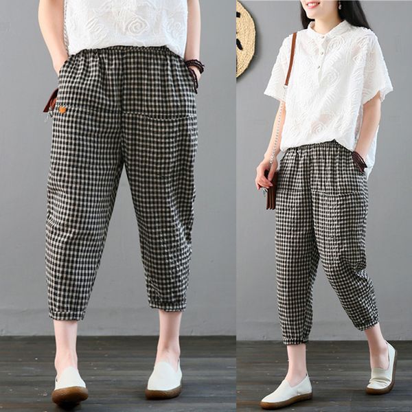 2021 new women spring summer fashion japan style elastic waist cotton linen plaided ankle length office lady casual trousers nw14, Black;white
2021 new women spring summer fashion japan style elastic waist cotton linen plaided ankle length office lady casual trousers nw14, Black;white