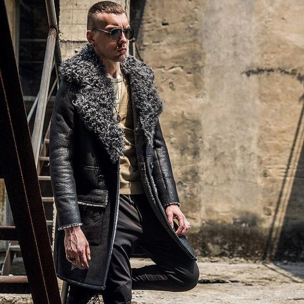 men's leather & faux men brand winter real fur medium-long jacket luxury thicken warm shearling outerwear collar lapel military coat ov, Black
men's leather & faux men brand winter real fur medium-long jacket luxury thicken warm shearling outerwear collar lapel military coat ov, Black