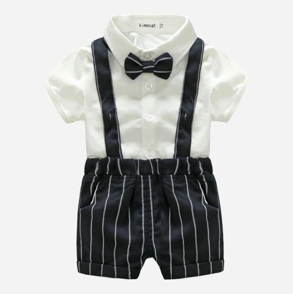 

Baby Boys Gentleman Style Clothing Sets Summer Toddler Short Sleeve Shirts with Bowtie+striped Suspender Shorts 2pcs Set Kids Suits Infant Outfits, As picture