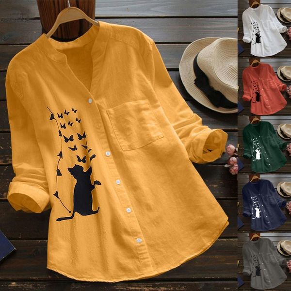 blouse women cotton linen casual cat printed blouse long sleeve shirt blouse button down blusas 45, White
blouse women cotton linen casual cat printed blouse long sleeve shirt blouse button down blusas 45, White