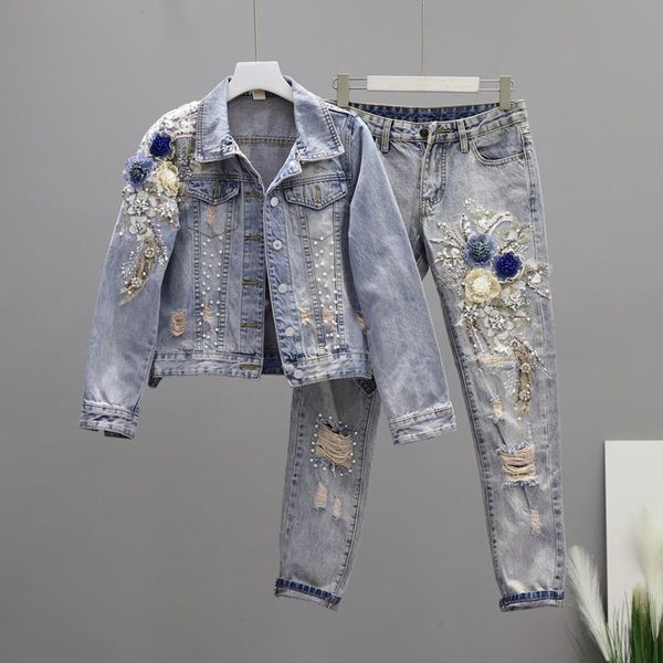 women's two piece pants ripped jeans clothes winter lady fashion broken holes flowers embroidery pearls rhinestone denim coat and trous, White
women's two piece pants ripped jeans clothes winter lady fashion broken holes flowers embroidery pearls rhinestone denim coat and trous, White